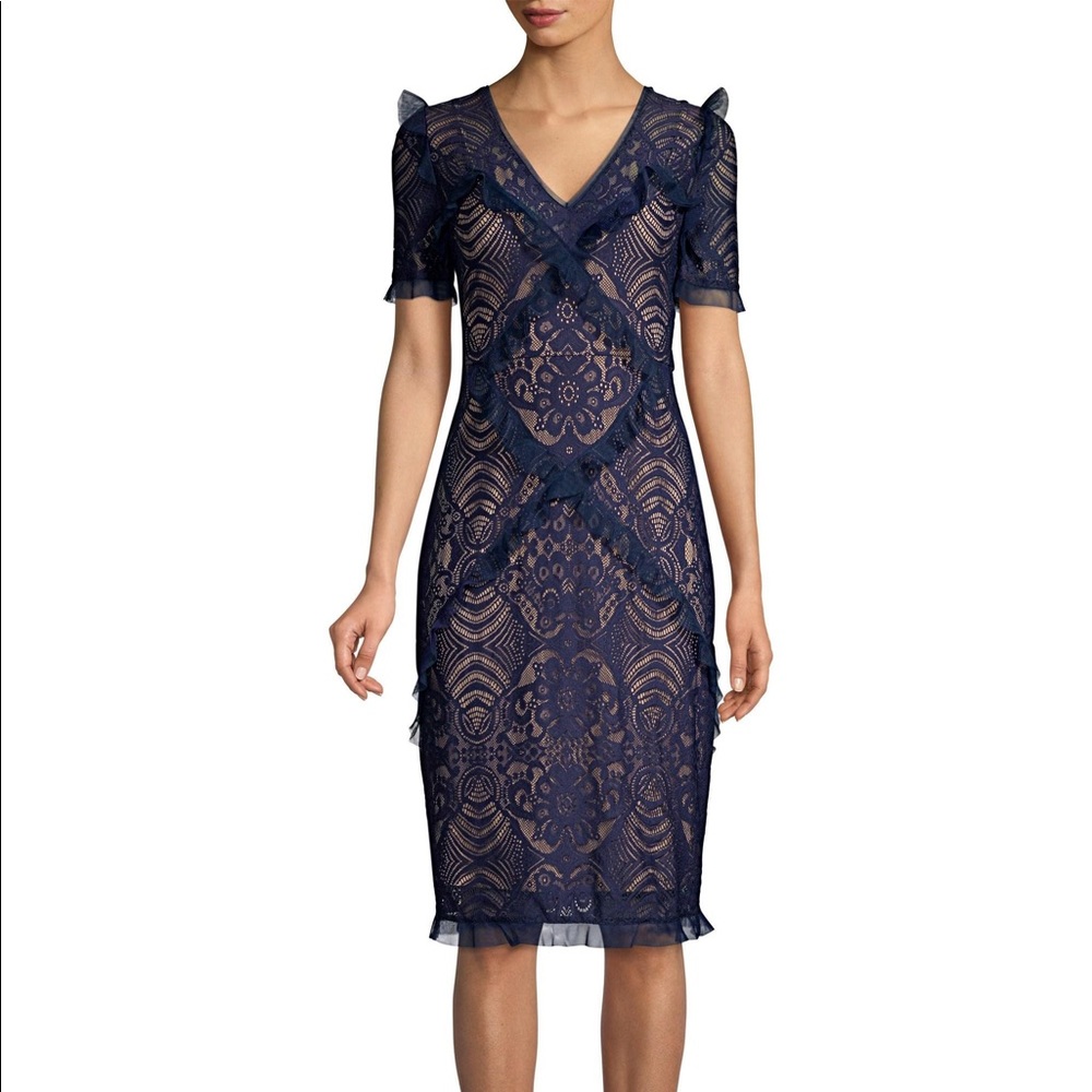 BCBG Navy Floral Stretch Lace Sheath Dress